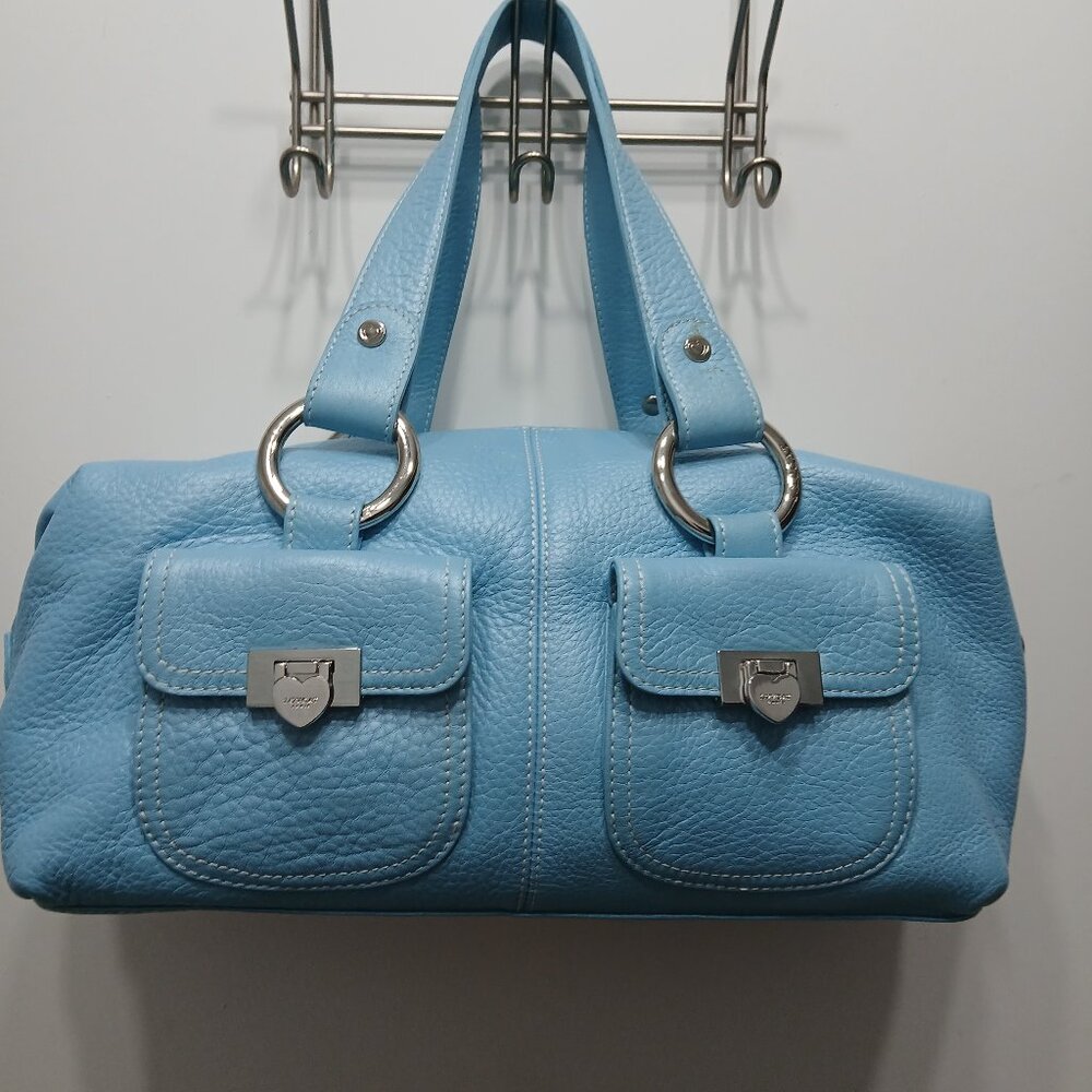 Light Blue Pebbled Leather Double-Pocket Satchel